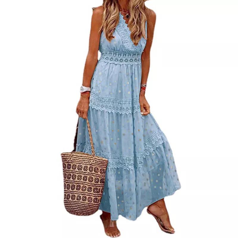 Women Chiffon Party Maxi Dress Polka Dot Boho Crochet Lace V Neck Beach Sundress