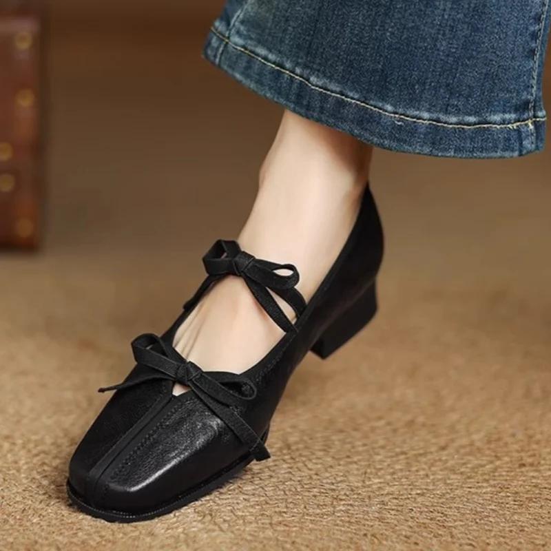 Fashion Mary Jane New Women Shoes Ballet Bow Square Toe Mid Heels Nude Shoes Fashion Casual Elegant Shallow Pumps