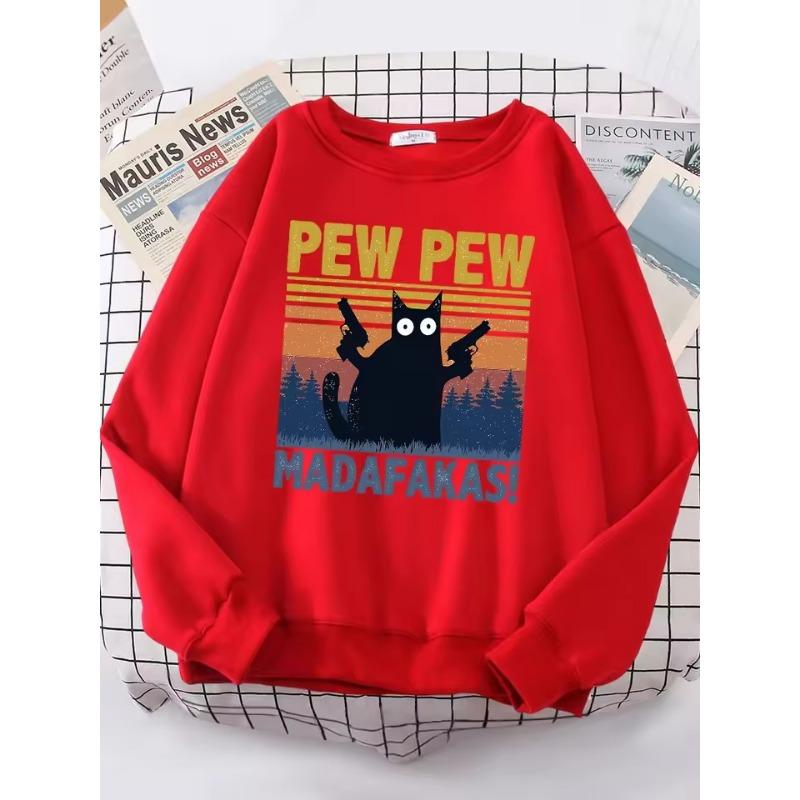 

Cartoons Cat Pew Pew Madafakas Funny Women s Hoodies Fashion All-match Hoodie Warm Fleece Hoody High Quality Clothes S красный