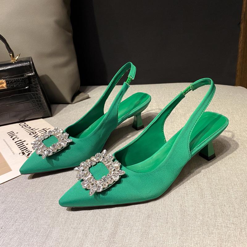 Fashion Sandals Women 2024 Summer New Square Buckle Thin Heel  Diamond Pointed Shallow Mouth High Heel Single Shoes for Women