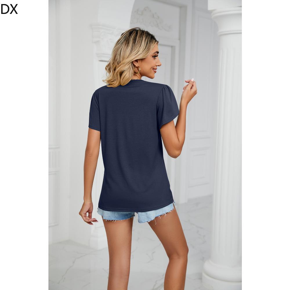 DX весна/лето новая однотонная футболка с короткими рукавами и золотым кружевом — фото 13