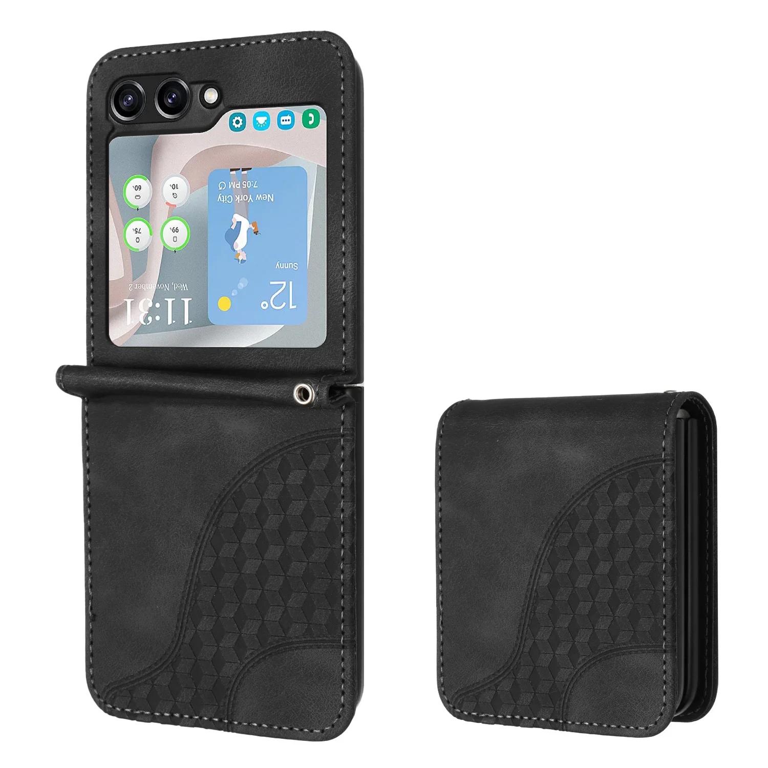 

Wrist Strap Leather Phone Case Samsung Galaxy Z Flip 6 5 4 3 Flip6 Flip5 Flip4 Flip3 5G Shockproof Protective Cover For Galaxy Z Flip6 чорний