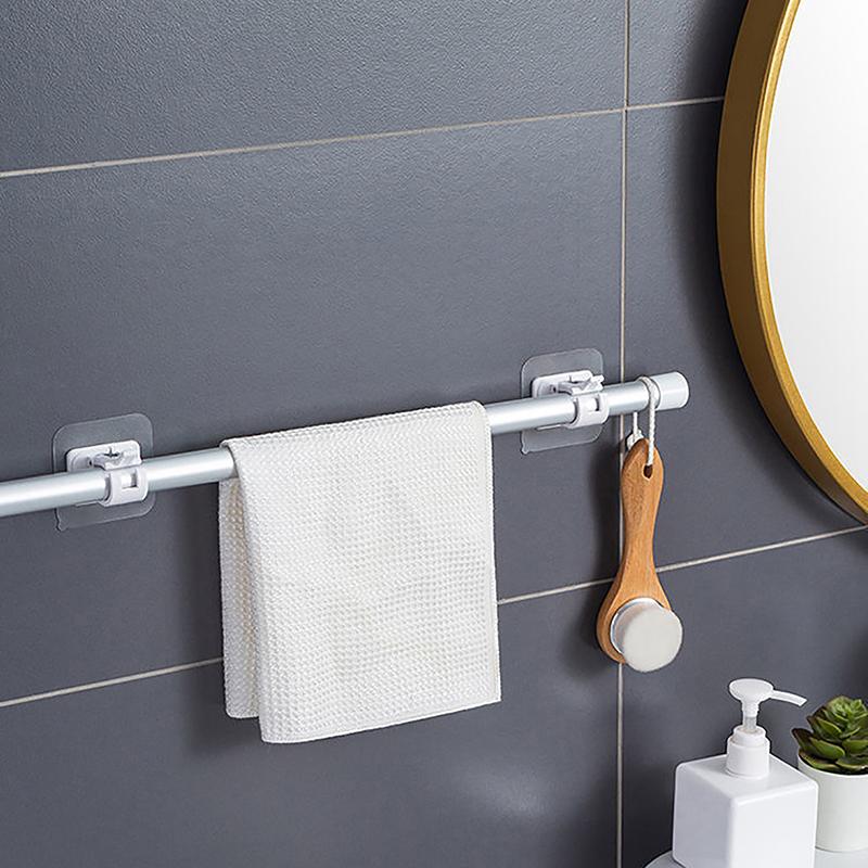 2Pcs Adhesive Wall Curtain Rod Holder Nail-Free Adjustable Clamp Hooks With Fixed Clip Hanging Rack