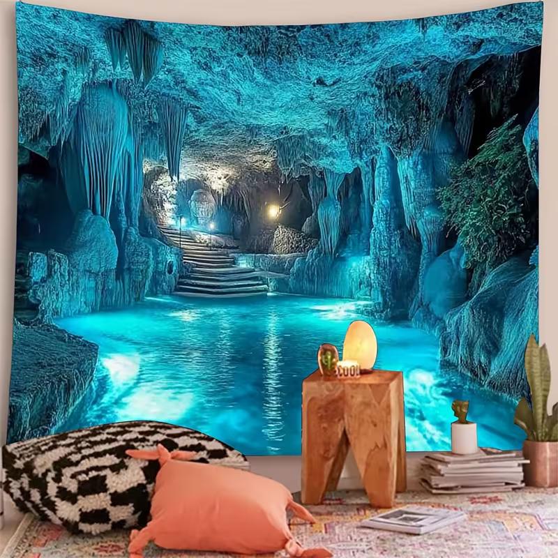 2D Mystical Turquoise Cave with Water and Stairs Background