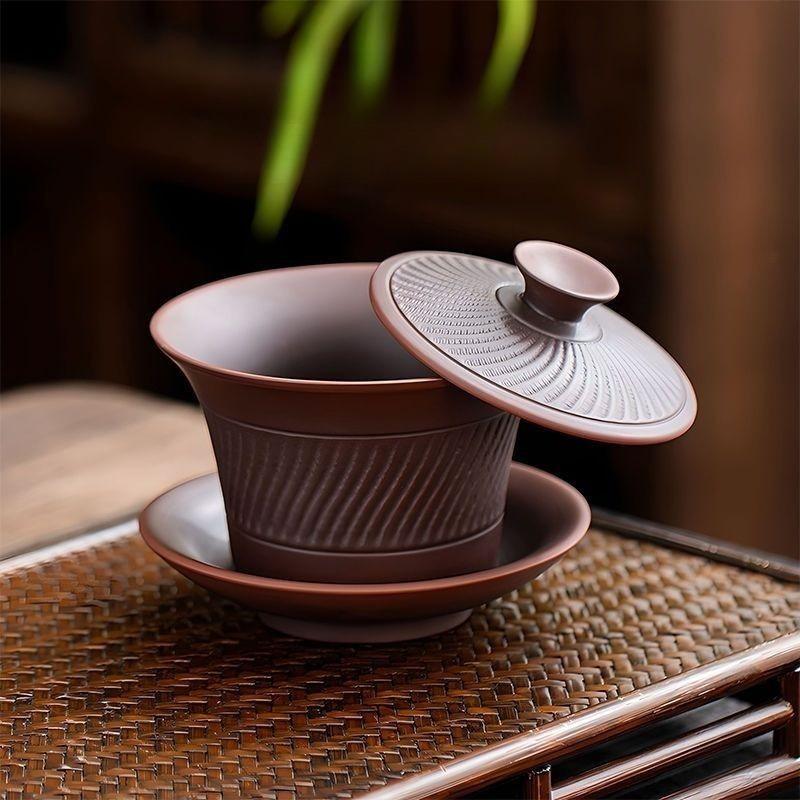 Purple Pottery knifeSancai Cover Bowl All Handmade Kung Fu Teacup Tea Bowl Household Purple Sand Large Single Brewing Teapot