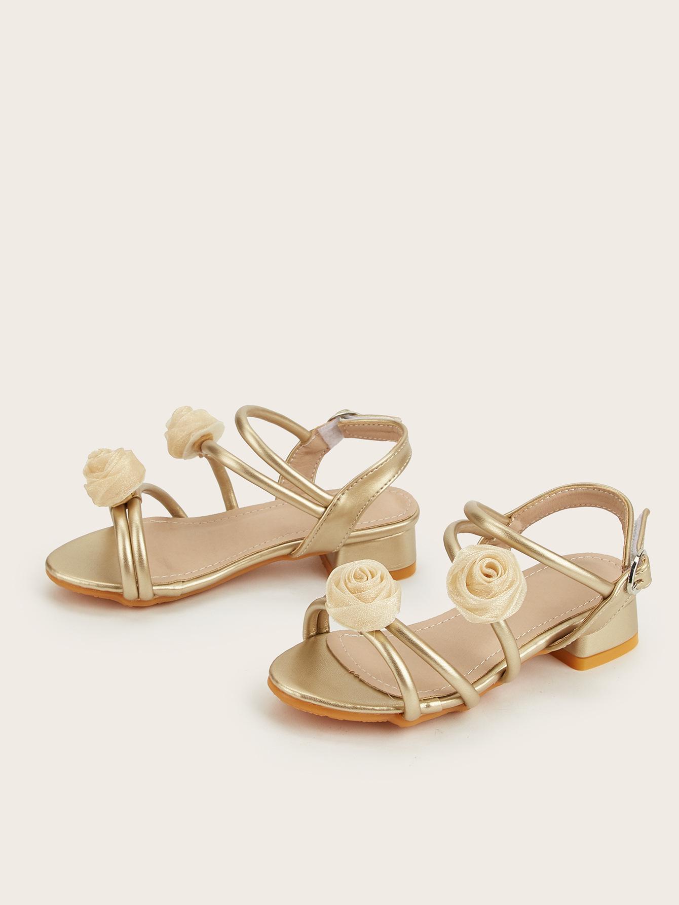 2026 Spring Girls  Chunky High Heels with Floral Design - Casual Versatile Sandals for Little Girls 35