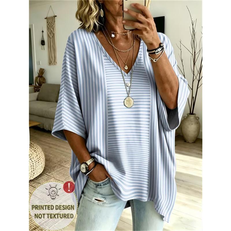 Übergrößen Damen V-Ausschnitt Fledermausärmel T-Shirt Bohemian Ethnischer Druck Lockerer Oberteil Sommer Bequem Atmungsaktiv Tägliches Pendeln Lässig Schlankmachender Stil