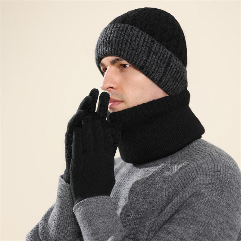 Winter Cashmere Wool Hat Warm Cold-Proof Knitted Hat Scarf Gloves Hat Three-Piece Set