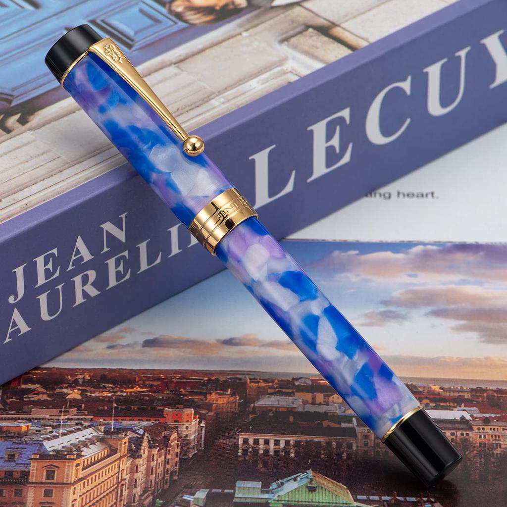 Stylo plume Jinhao 100 Classique avec plume courbée, Celluloïde bleu-violet, Sensation style pinceau, Tailles de plume fine à large, Étui à stylo inclus