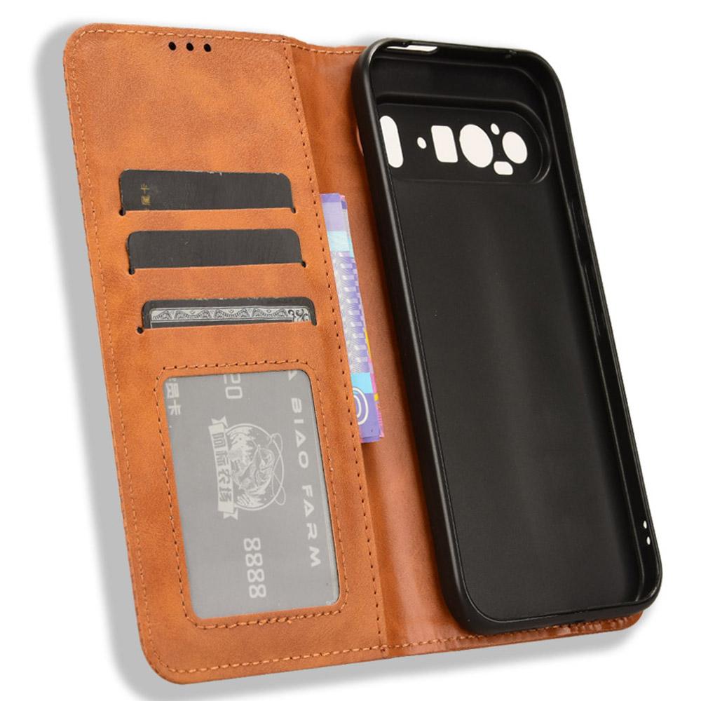 For Google Pixel 9 Pro XL Case Vintage Leather Stand Magnetic Closure Phone Cover