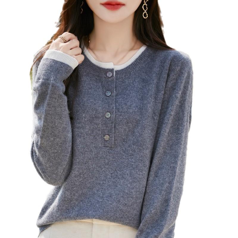 Women's Retro Color Block 100% Wool Round Neck Sweater - Slimming, Versatile, Stylish Knitwear for Autumn/Winter