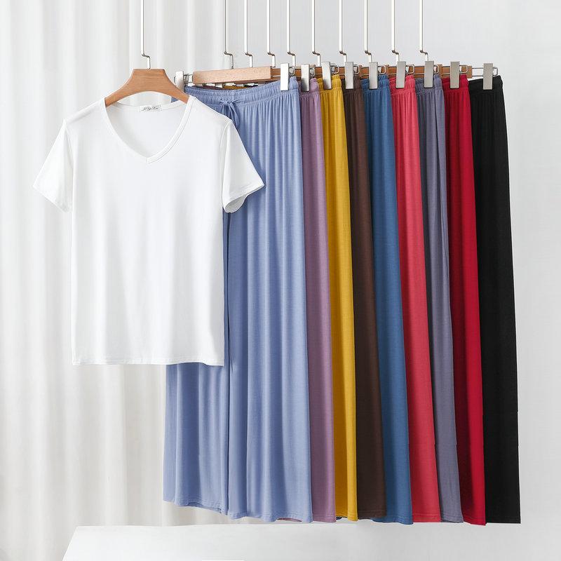 Modal Homewear 2pcs Pajamas Set Short Sleeve Tops and Trousers Solid Color Casual Loose Sleepwear Suit Plus Size Nightwear