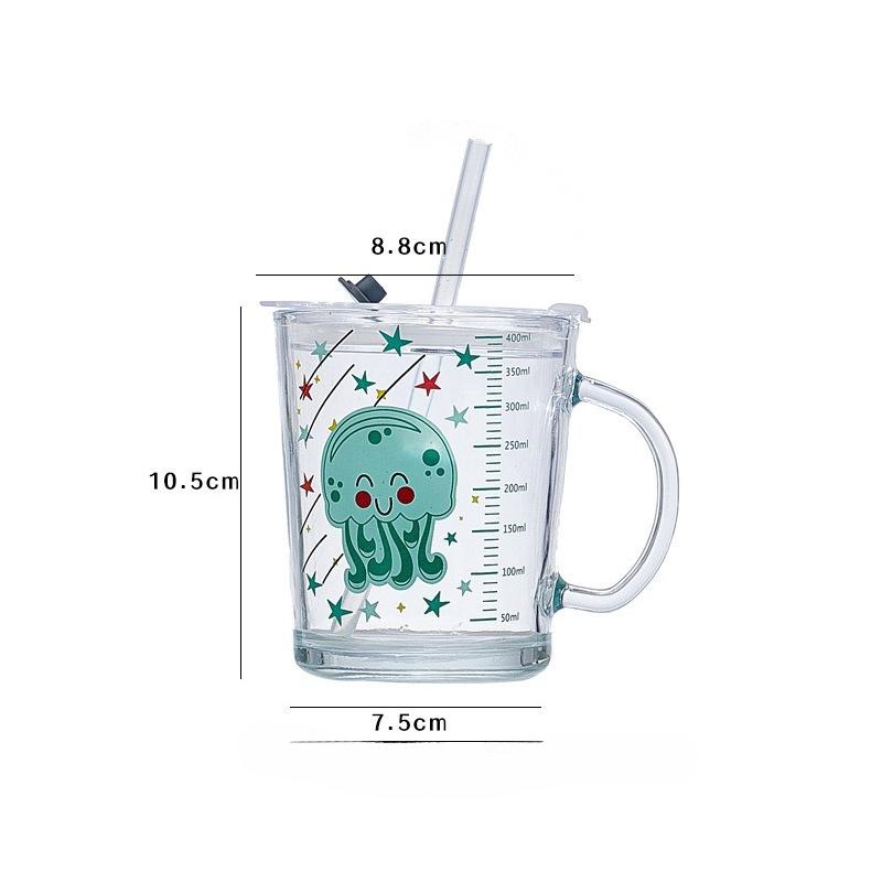 Mléčné sklo, Pohár na ovoce, Dětský snídaňový pohár se slámkou, Roztomilý kreslený pohár s uchem a stupnicí