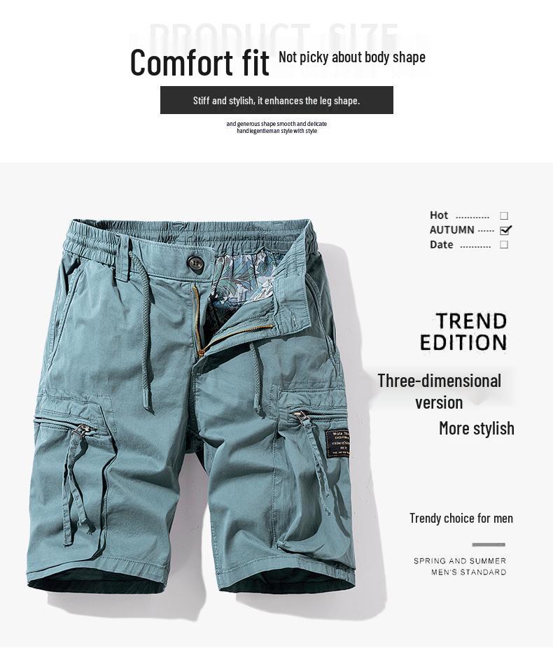 Summer Men's Cotton Multi-Pocket Riding Shorts: Durable, Washed, and Trendy Casual Wear.