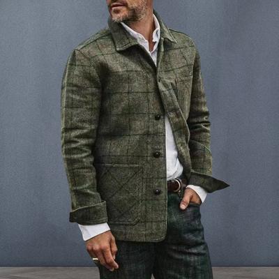 Men Jacket Coat Lapel Long Sleeve Plaid Print Coat with Patch Pocket Single