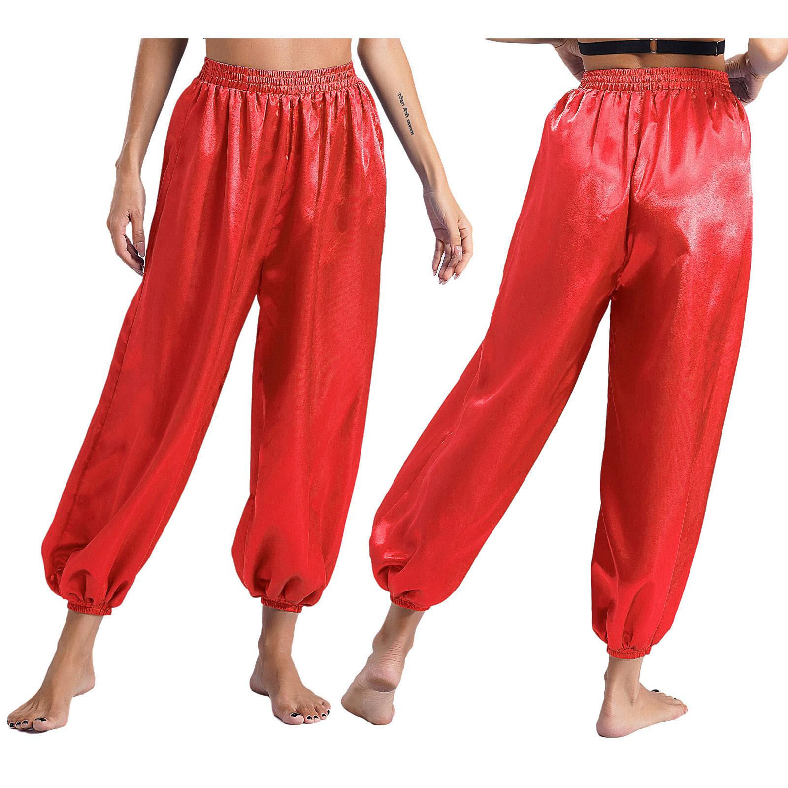 

Взрослые шелковые шаровары для танца живота с высокой талией, свободные длинные брюки, шаровары для арабских принцесс, одежда для танцев в стиле трайбл L красный