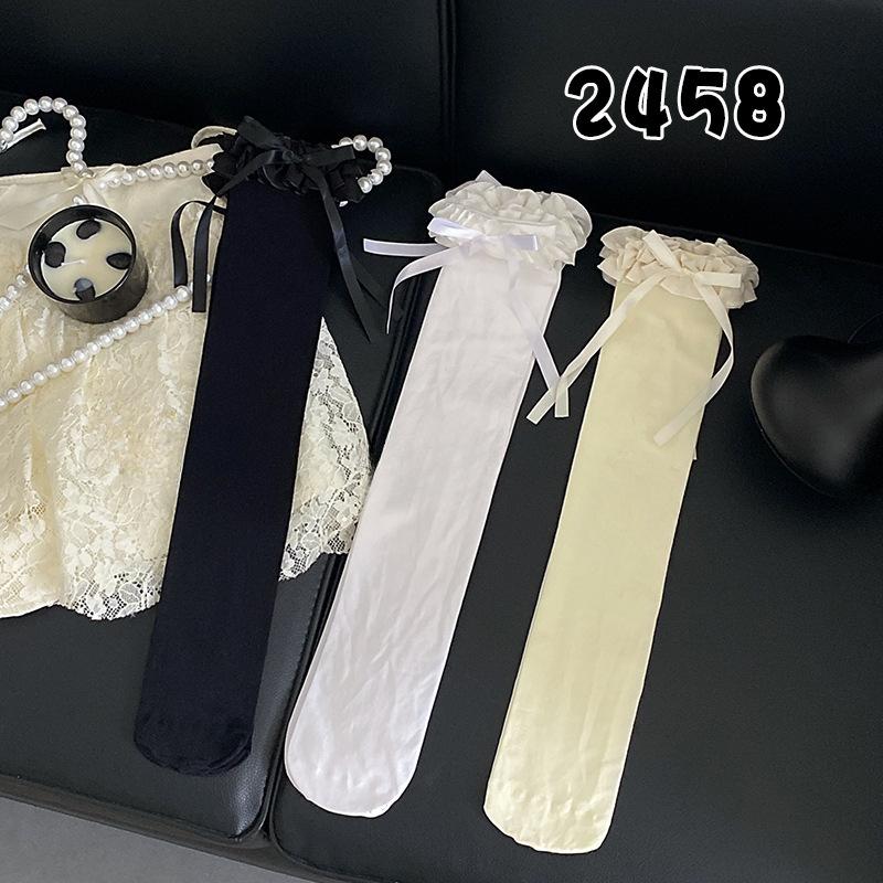 Dambalett-stil långa tubsockor i spets, Lolita-spetsrosett, Pure Desire-stil, tunna knähöga lårstrumpor