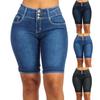 Mid Rise Pockets Buttons Fly Short Jeans Knee Length Stretchy Denim Shorts for