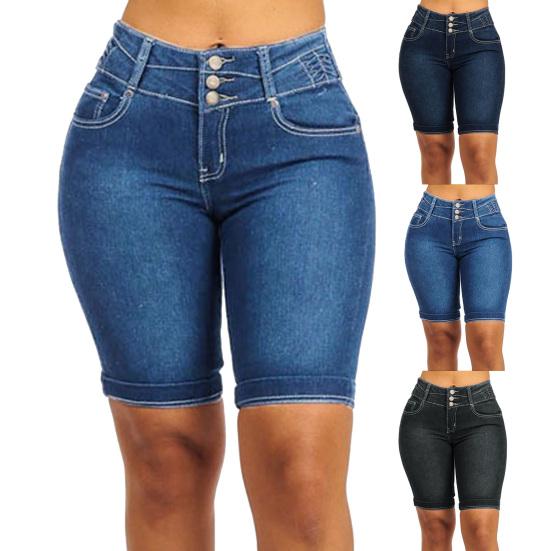 Mid Rise Pockets Buttons Fly Short Jeans Knee Length Stretchy Denim Shorts for