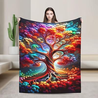 Eine bunte Flanelldecke mit Baummuster, leuchtende Farben, weich, warm, leicht, maschinenwaschbar, gestrickt, für alle Jahreszeiten, mehrfarbig