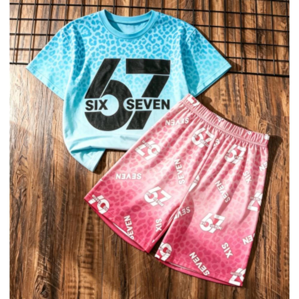Fashion Kids Set Leopard 67 Number Printed Kids T-shirt and Shorts 2 Piece Set Summer Casual Outdoor Street Boy's and Girl's T-shirt Sets