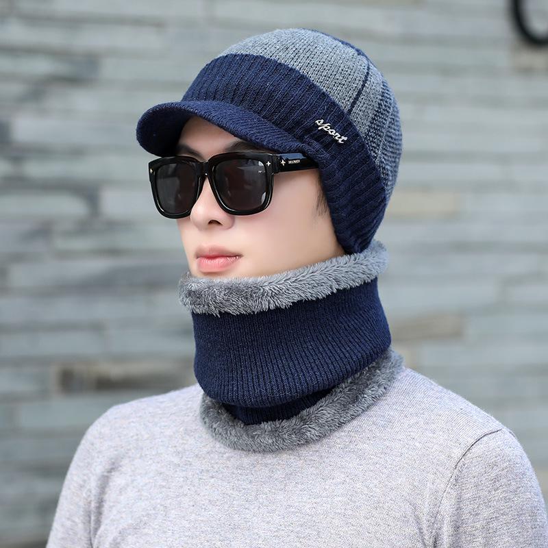 

Winter Unisex Knitted Wool Hat & Scarf Set - Korean Style, Fleece-Lined, Thickened for Warmth One Size темно-синий