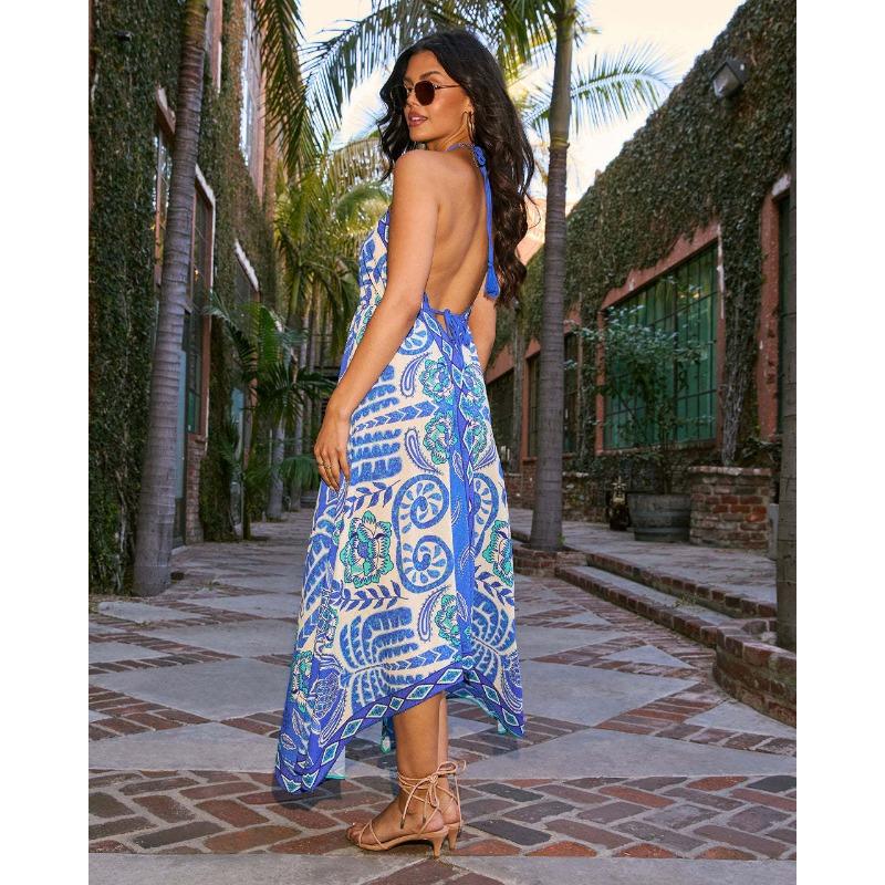 Summer off-shoulder V-neck women's suspender printed long dress for women