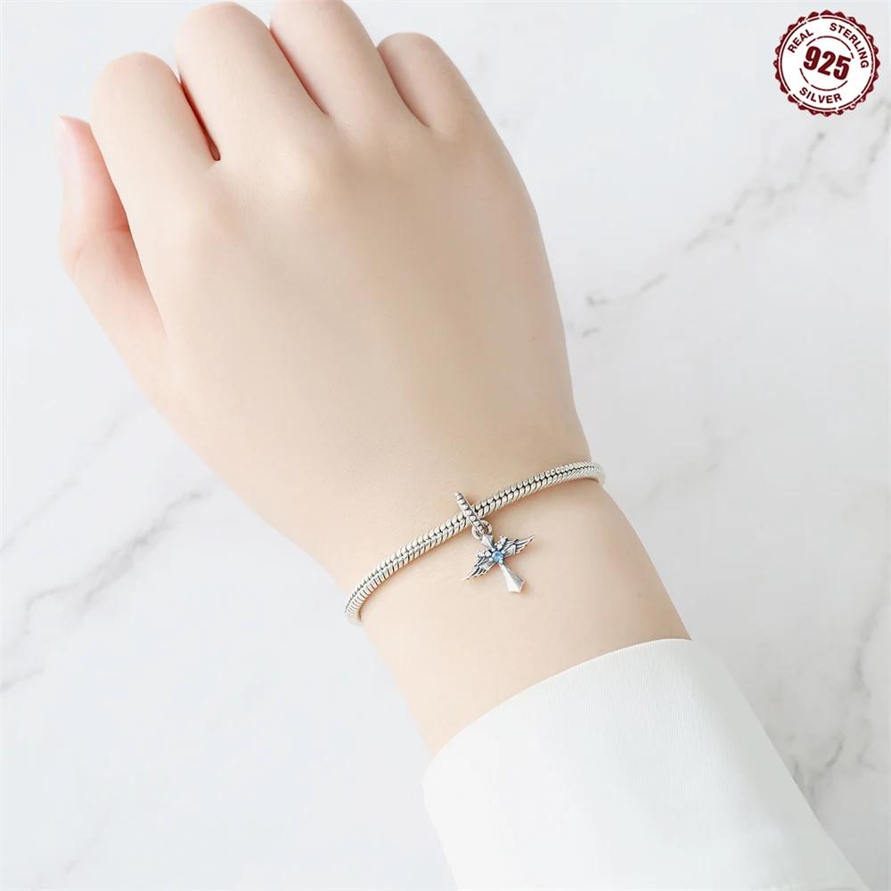Authentic Pink Zircon Love Cross Wing Cross Retro Pattern Cross Charm Bead Charms Copper Bead Charms Pendant Compatible With Do It Yourself Bracelets
