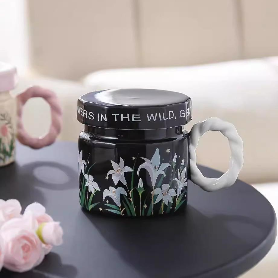 Retro Watercolor Flower Cup Ceramic Romantic Style Design Niche Coffee Mug Cover Light Luxury High End