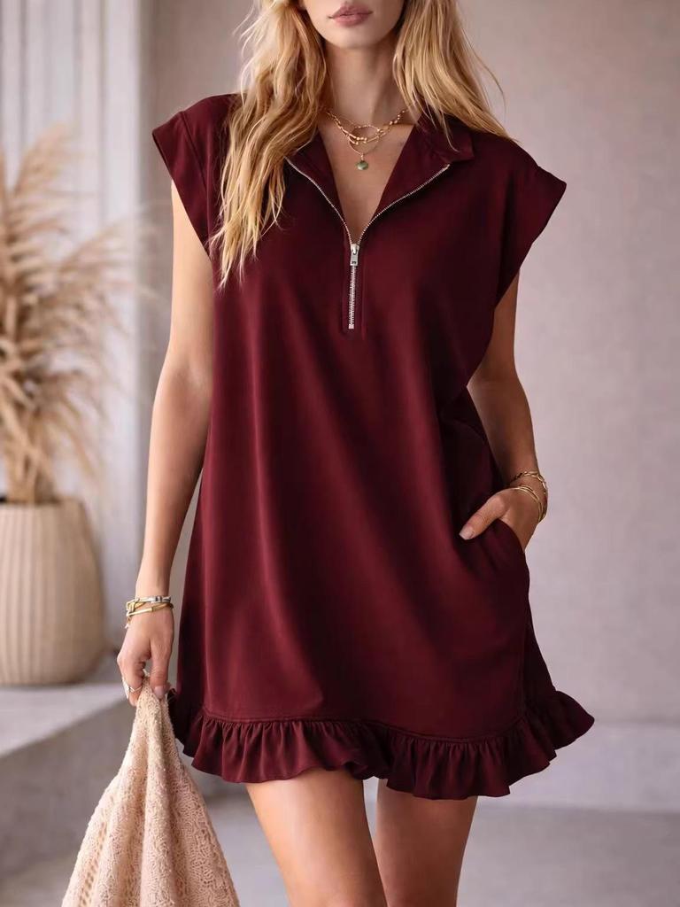 2026 Spring/Summer Women's Sleeveless Zipper V-Neck Ruffle A-Line Dress with Double Pockets