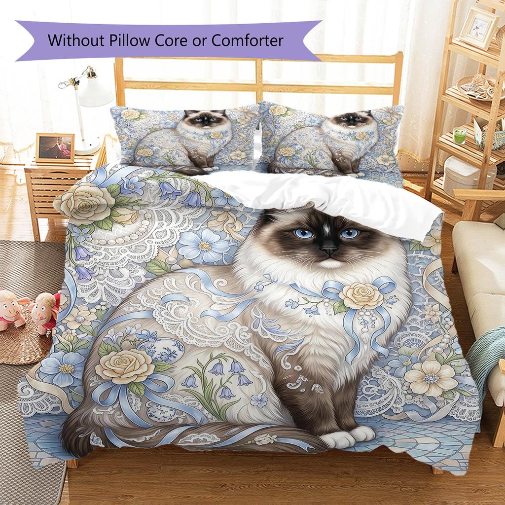 Flower Cat Crow Pattern Bedding,Quilt Set Quilt Cover Pillowcase Home Birthday Gift (1 * Duvet Cover + 2 * Pillowcase, Without Core)