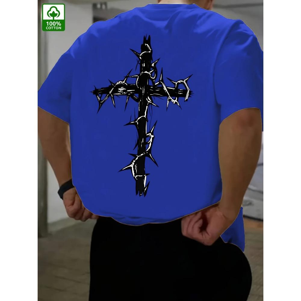 Tricou de vară pentru bărbați, 100% bumbac, confortabil, casual, larg, mărime plus, creativ, cu model încrucișat imprimat, gât rotund, mânecă scurtă