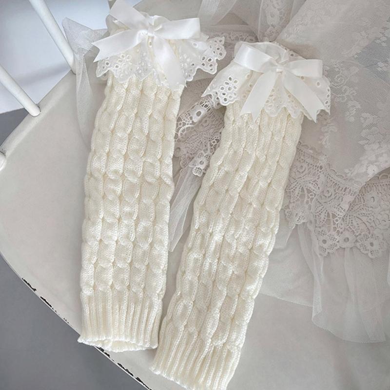 Winter Autumn Twist Cable Knitted Leg Warmers Cute Bowknot Ruffled Lace Foot Covers Middle Tube Calf Socks for Women
