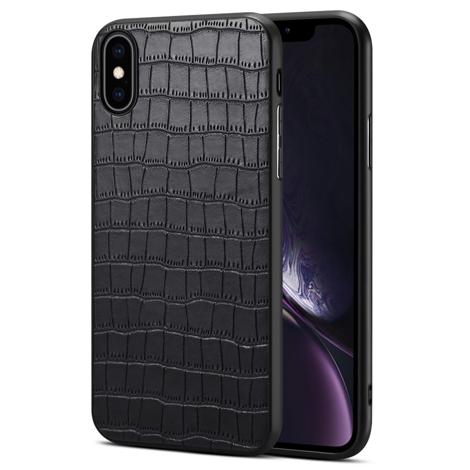 

For iPhone X/XS Cell Phone Case Crocodile Textured PU Leather+PC+TPU Back Cover Black