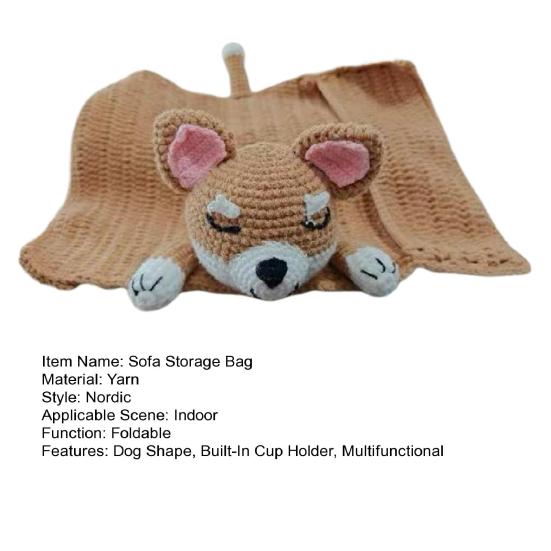 Yousheng Sofa Storage Bag Soft Wool Dog Shape Hand Woven Wool Pillow with Built-in Cup Holder Winter Sofa Accessory
