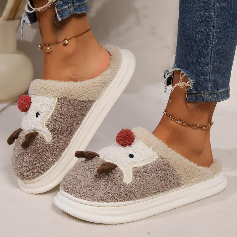 Fashion Kidmi Women's Slippers New Soft Plush Slippers Warmed Fleece Thickened Cotton Slippers Popular Deer Antler Pattern Cartoon Shoes