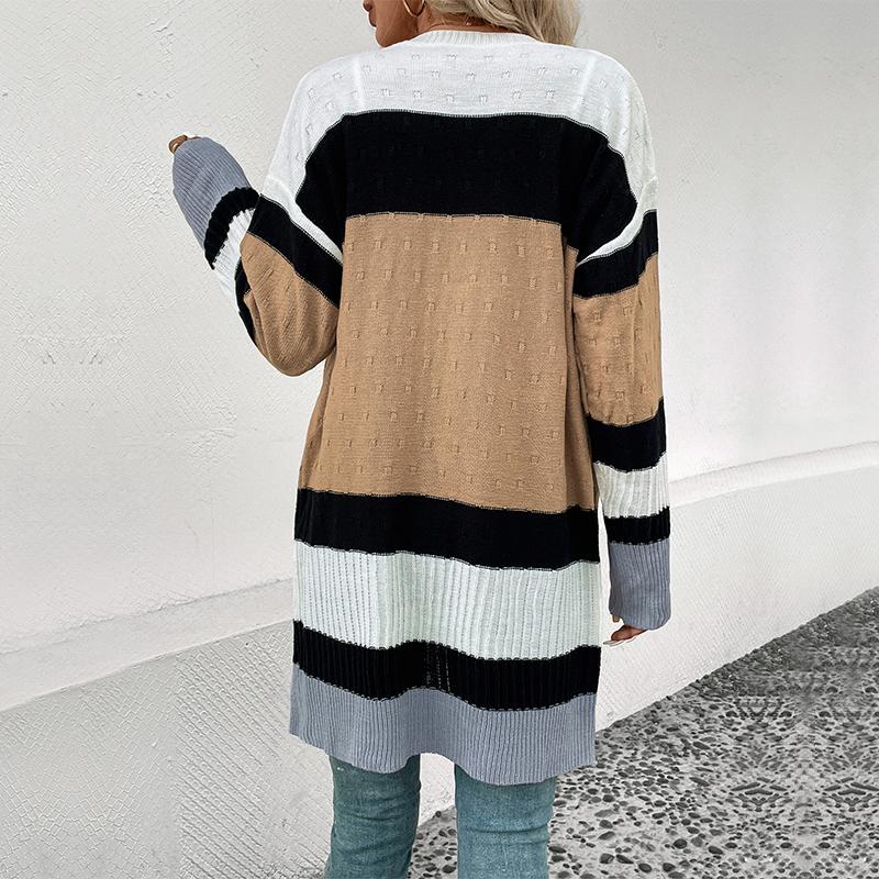 Women's Fashion Casual Colour Block Print Autumn Winter Long Sleeve Cardigans
