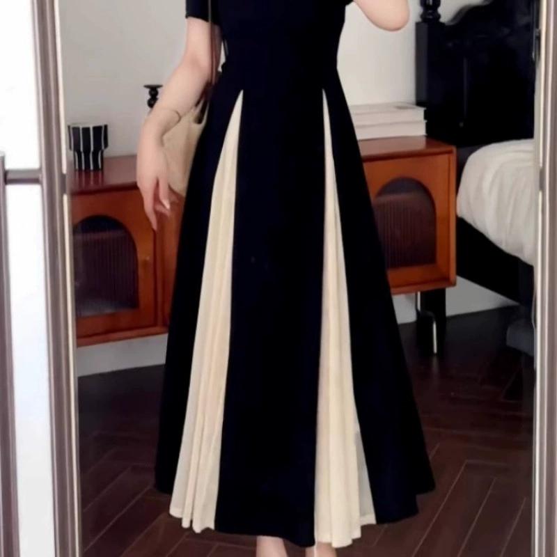 Großes französisches Mesh-Patchwork-Chic-Kleid für Damen im Sommer, mit einem fülligen und taillenförmigen Temperament, kleines schwarzes Kleid