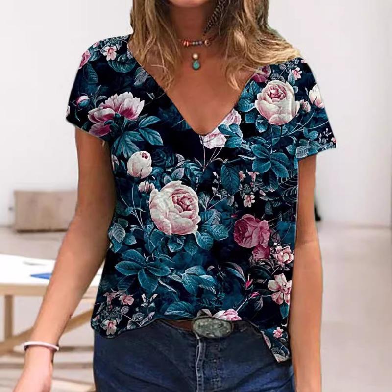 New Women s T-Shirts Floral Flower 3D Print Summer V-Neck Short Sleeve T Shirt L