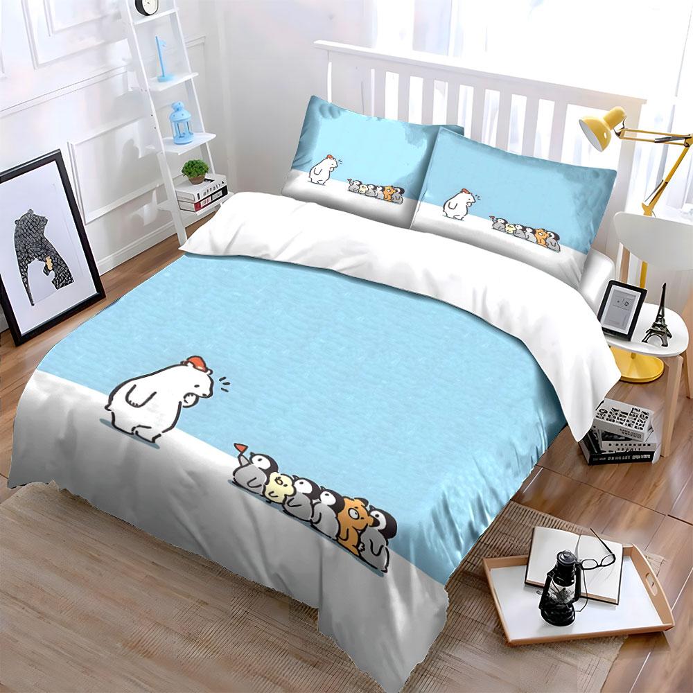 Fun Cartoon Polar Bear And Penguins Duvet Cover Set With 3D Printing Design Soft Polyester Bedding Set All-Season Comfort