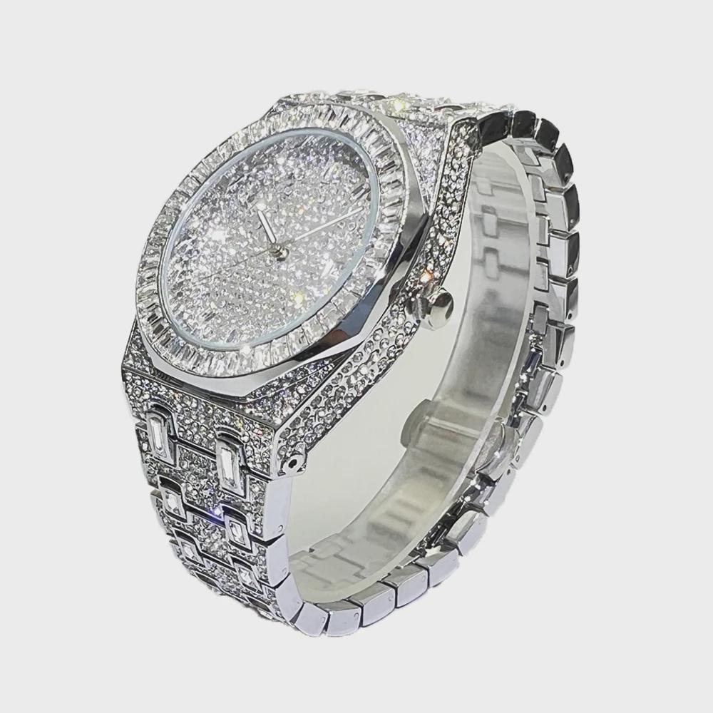 

Роскошные мужские часы Модные часы с бриллиантами, покрытые льдом, из нержавеющей стали, хип-хоп, с датой, кварцевые наручные часы, мужские часы серебряный