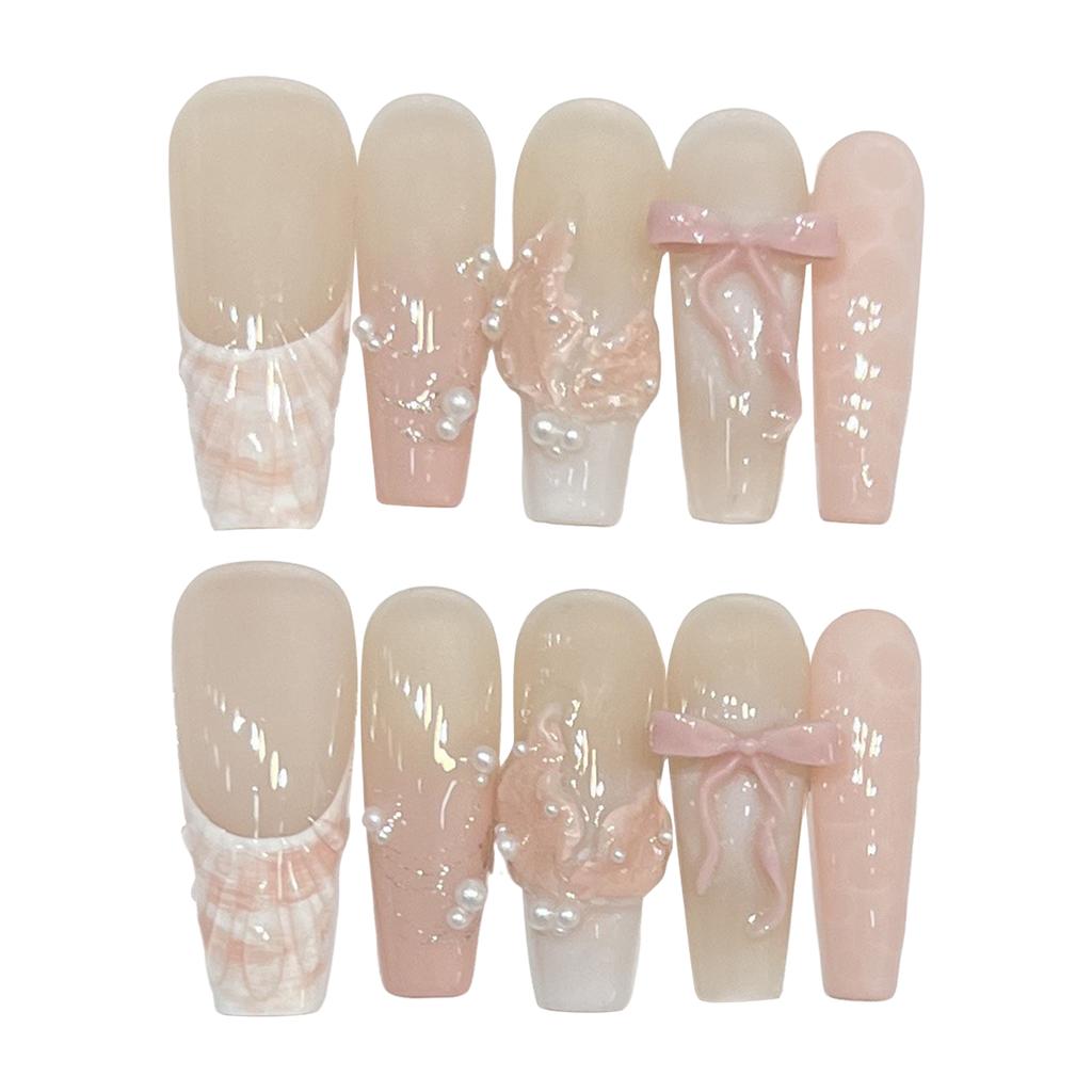 10pcs Long Square Stick on Nails Handmade Pink Glossy Fake Nails for Women Girls Manicure DIY