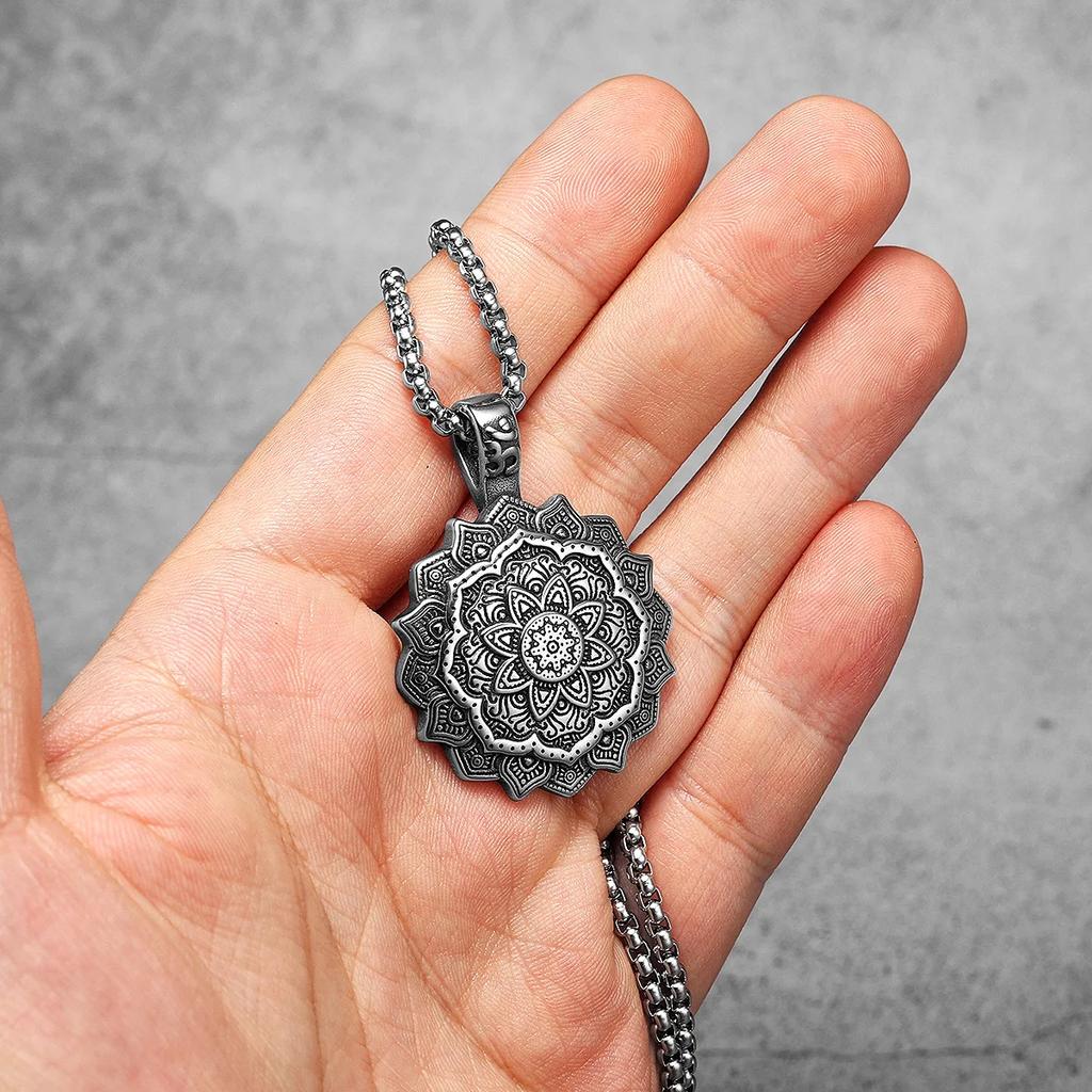 Buddhism Mandala Flower Amulet Men Necklaces Stainless Steel Pendants Chains Women Jewelry Cool Male Accessories Gifts