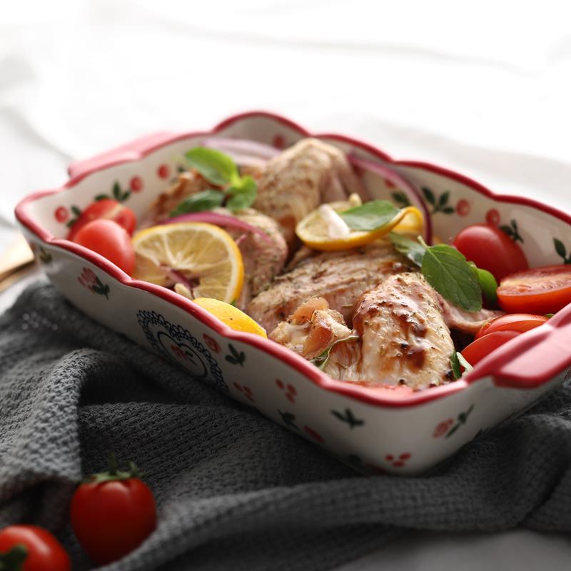 1pc Red Cherry Baking Plate Ceramic Dinner Dishes European Style Dinnerware Baking Tray Ovenware Dinner Plate