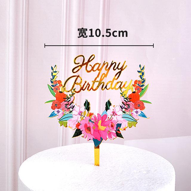 Neuer farbiger Blumen Happy Birthday Tortenaufsatz Goldener Acryl Geburtstagsparty Dessert Dekoration für Babyparty Backzubehör