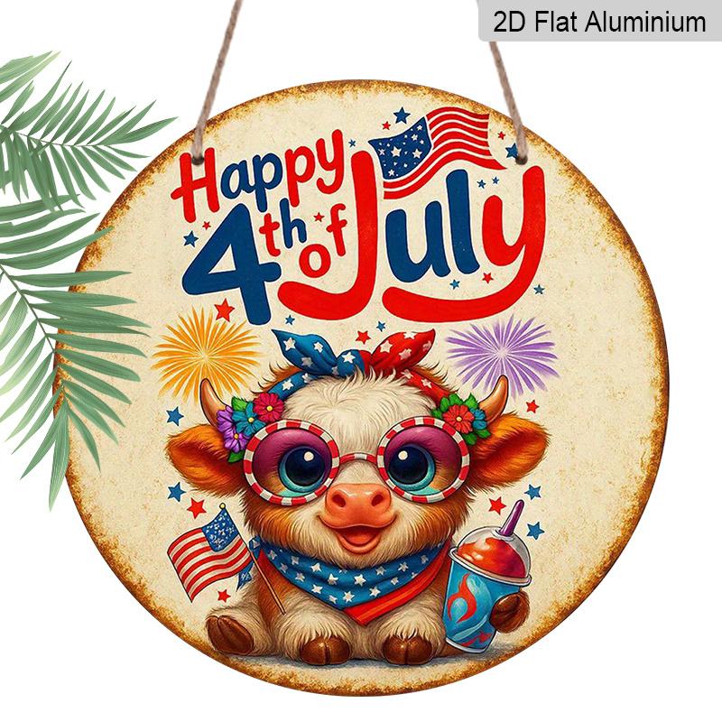 

2D Flat, 1pc Round Happy 4th of July Highland Cow Aluminum Hanging Sign, Cute Patriotic USA Flag Firework Design, Vintage Metal Wall Decor, Perfect 7.87x7.87in