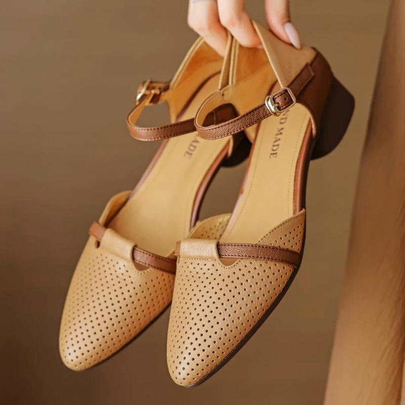 Fashion 2025 women's sheepskin mix color patchwork hollow-out ankle strap flats sandals pointed toe casual  summer shoe