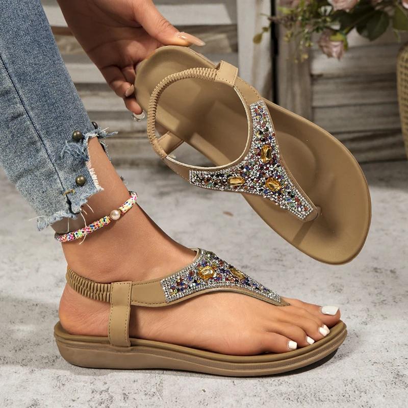 Fashion Fashion Rhinestone Bohemian Sandals Women 2025 Summer Clip Toe Flats Beach Sandles Woman Non Slip Elastic Band Sandalias Mujer