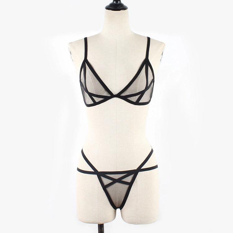 European & American Erotic Lingerie: Women's Sexy Three-Piece Mesh See-Through Lace-Up Bra & Panty Set.