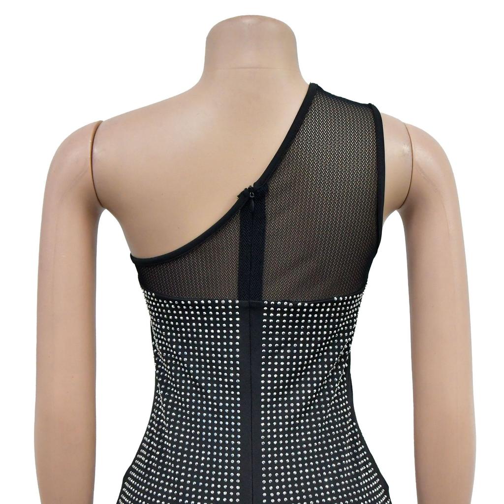 Mode Damen Kleid Eine Schulter Mesh Diamant Feder Bandage Kleider